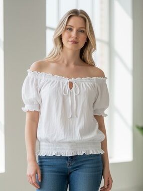 Derek Heart White Peasant Tunic with Tie Neck